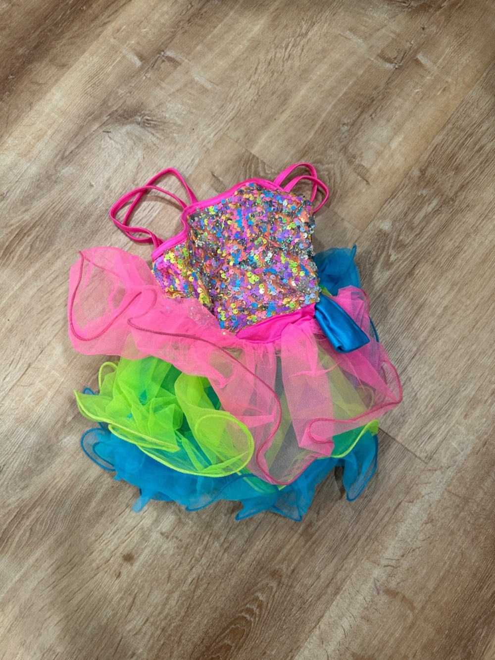 Weissman Neon Pink Sequin Tutu Dress with Blue Bow